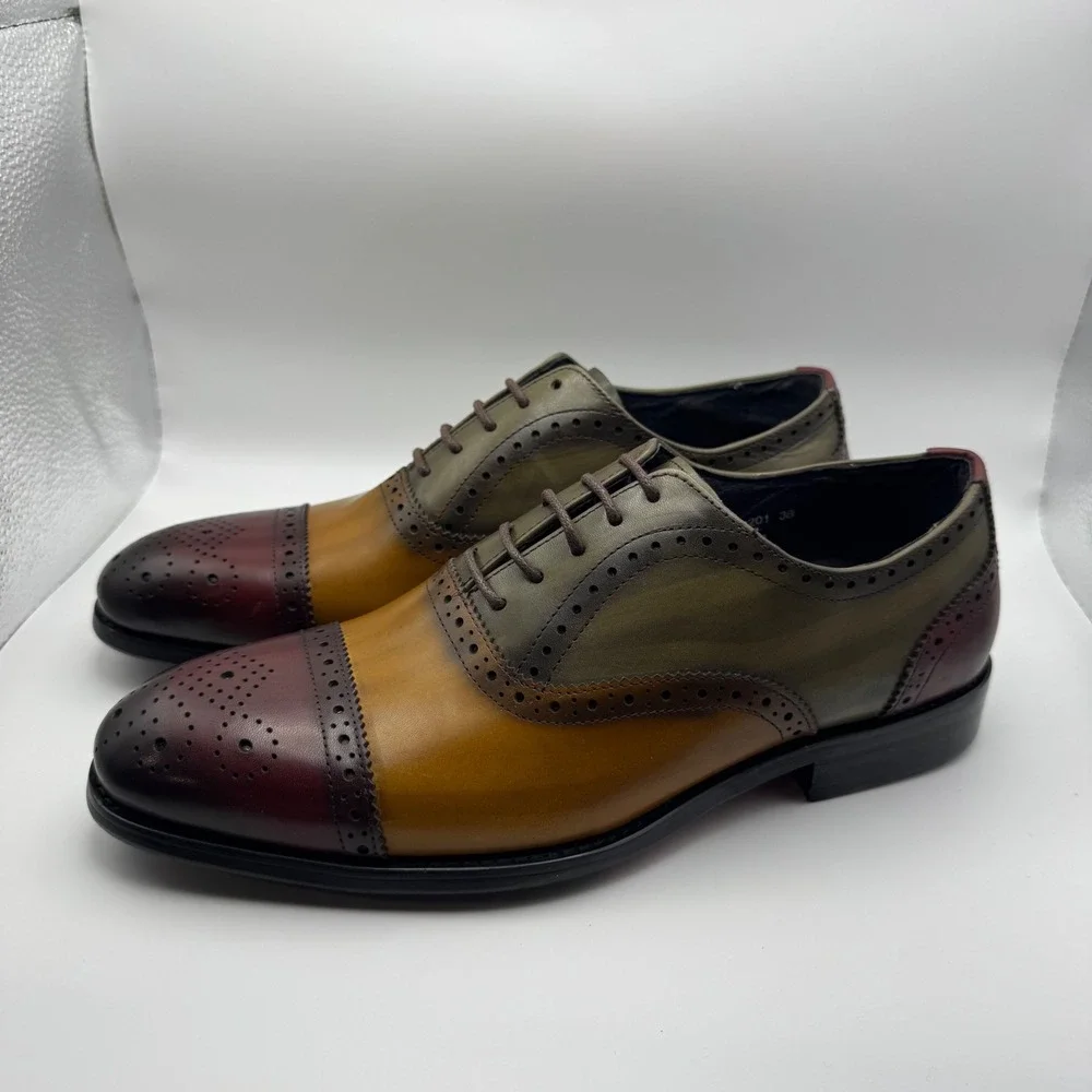 XEBOS Mens  Tricolor Leather Wingtip Brogue Oxford Shoes Size 38 Wood Color